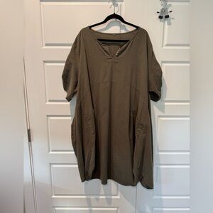 Lagenlook Lantern Dress Round Neck Dress Olive Green Linen Cotton Blend size 3XL